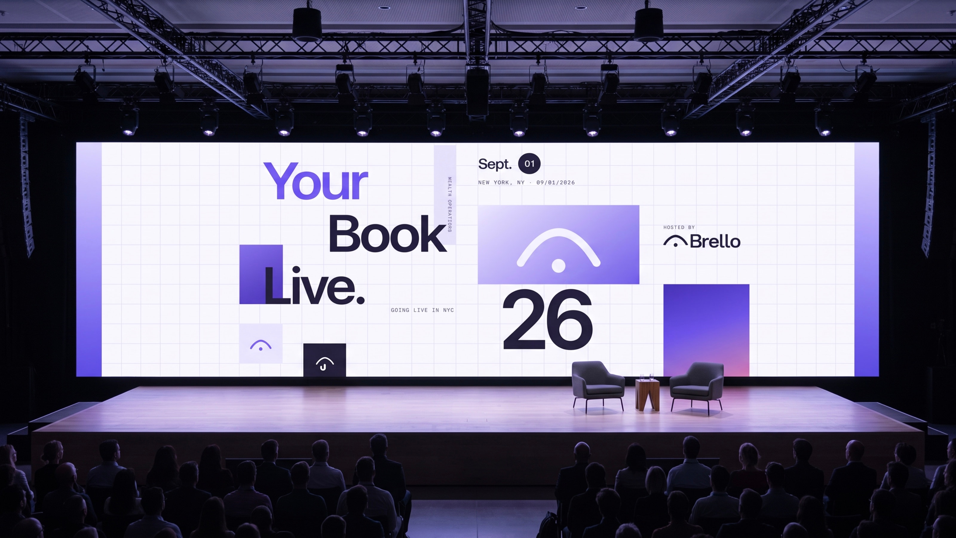 A conference stage with the Brello event artwork filling the screen behind it, reading Your Book Live with the date and the canopy mark.